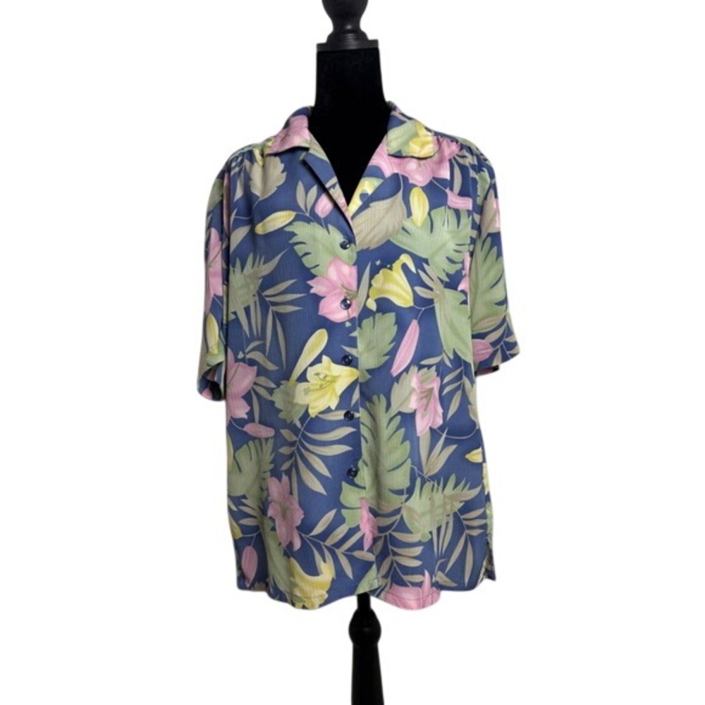 Donnkenny Classics Button Down Shirt Women Large Blue Tropical Floral Vintage